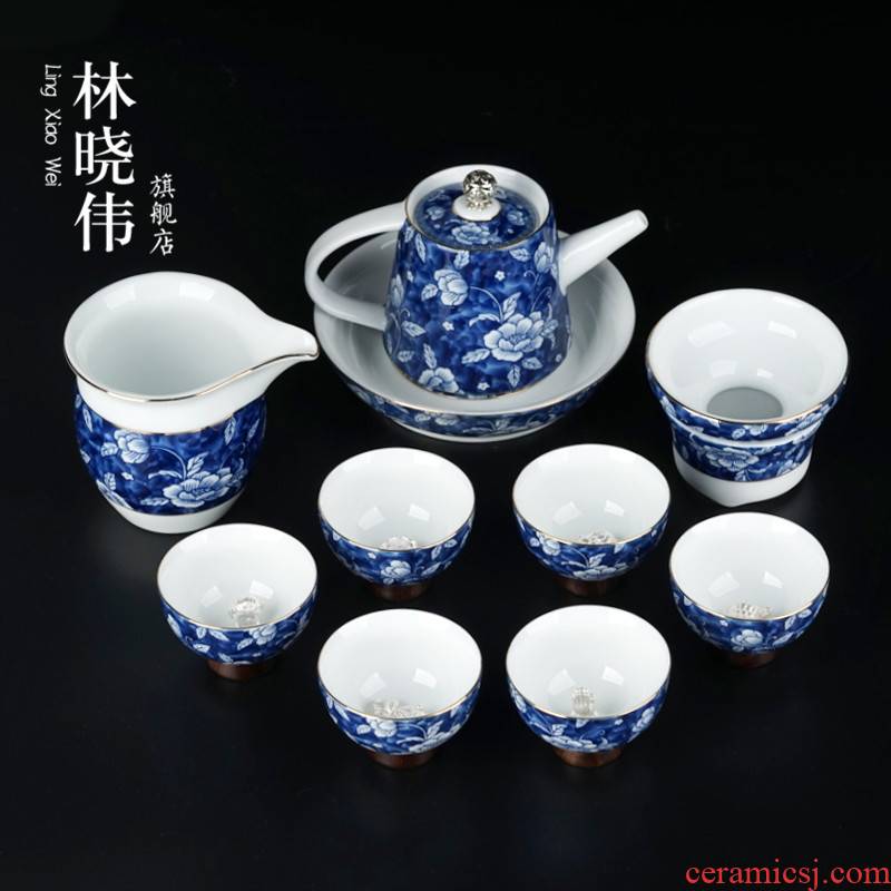 Jingdezhen blue and white porcelain tea set ceramic checking kung fu tea set the whole household silver teapot teacup