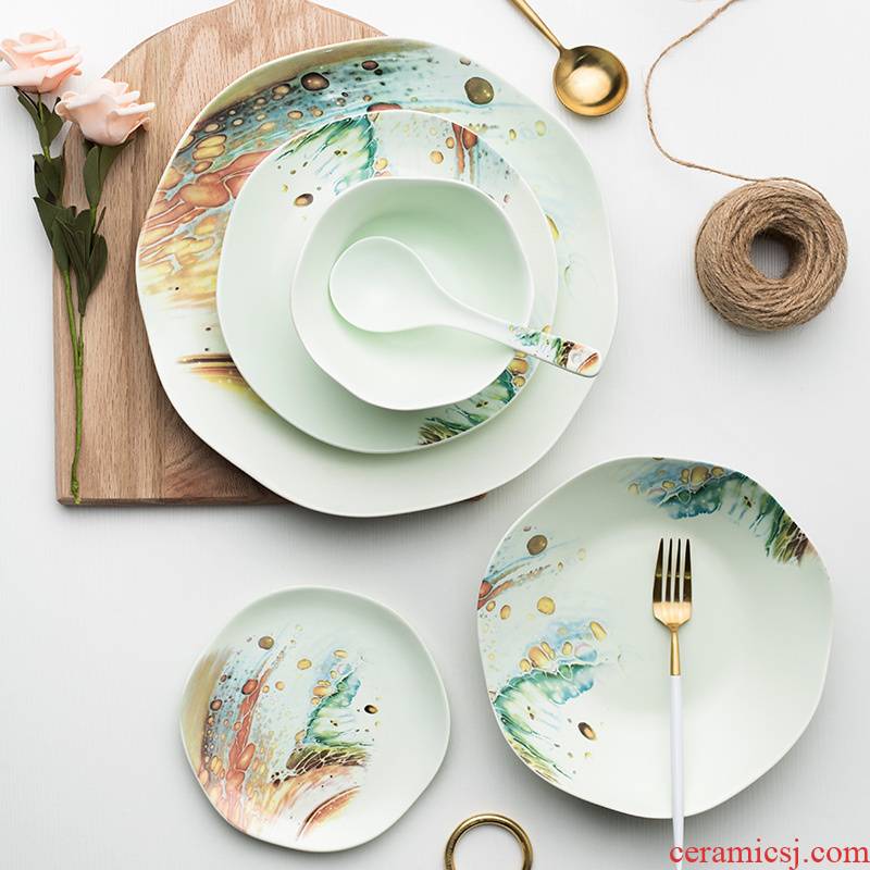 Porcelain color beauty creative sea wind ceramic tableware, eat dish dish dish rice bowls bowl rainbow such use spoon