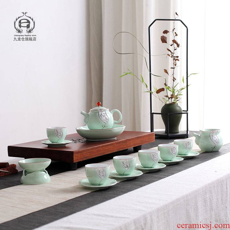 DH jingdezhen celadon contracted kung fu tea set suit small and pure and fresh home office teapot cup small tea cups
