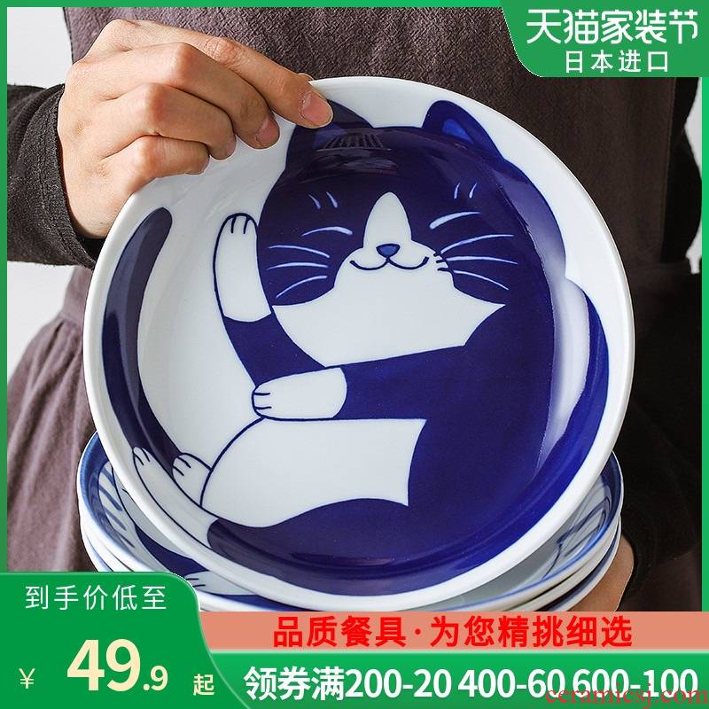 Japan imports ceramic bowl express cat pattern is 19.5 cm in shallow dish dish dish dish word "dumpling"