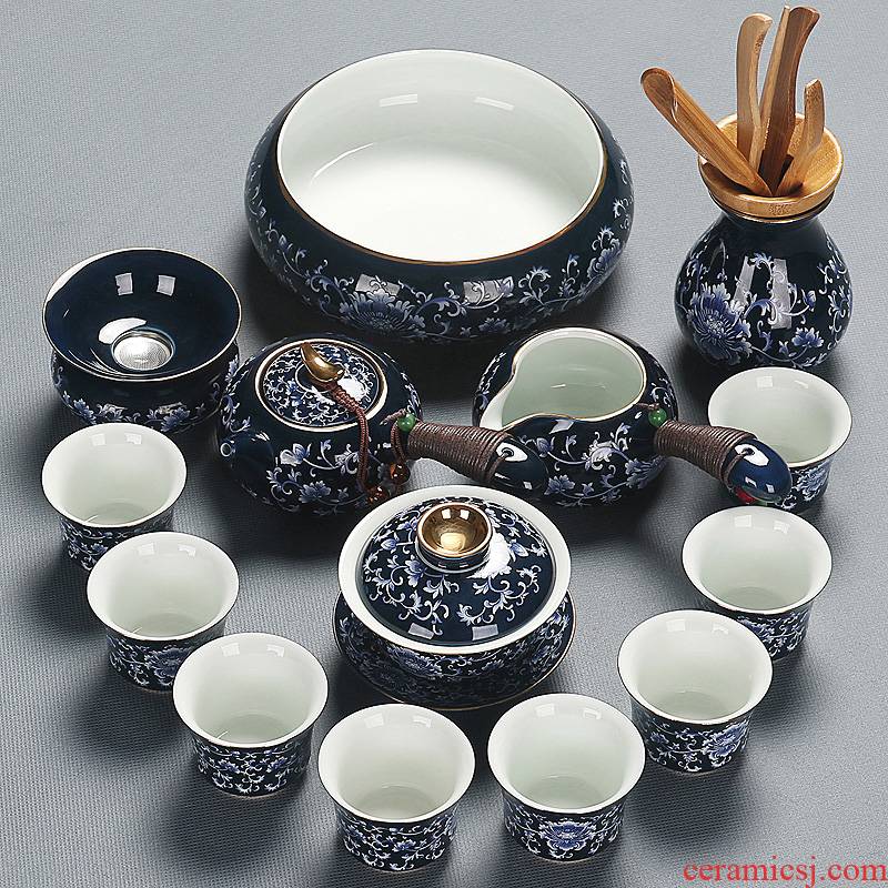 A complete set of kung fu home office contracted ultimately responds tea tureen tea machine suit ji blue yellow paint ceramic tea set
