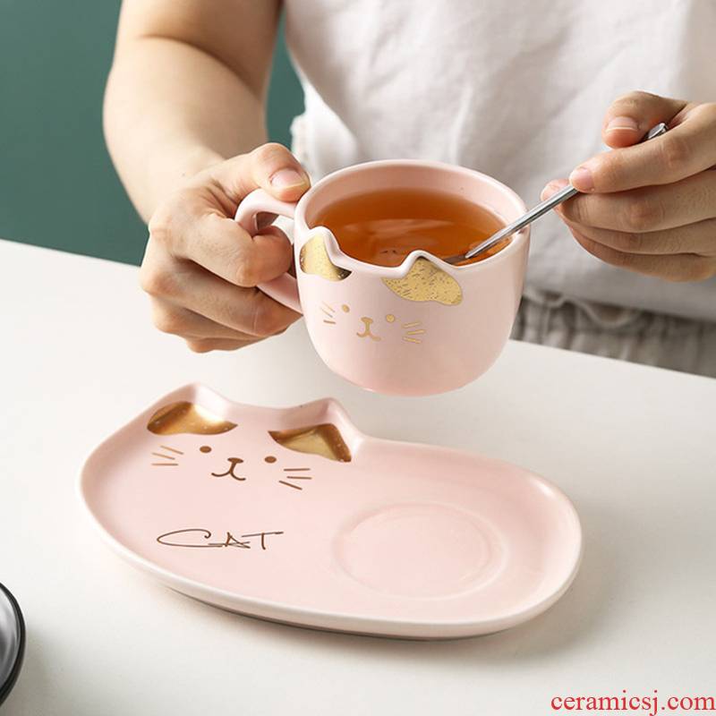 Love graces ceramic coffee cups of hot stamping cartoon cat design coffee cups and saucers suit household breakfast tray to send the spoon