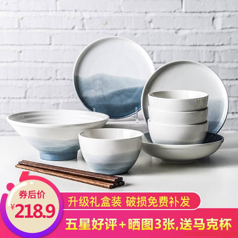4 dishes suit household 6 people contracted good ceramic bowl chopsticks Nordic ins plate package by 2019