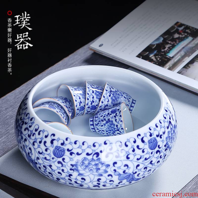 Ceramic tea wash to blue and white porcelain wash bowl kung fu tea set with parts washing bowl of large - capacity water jar is large for wash cup