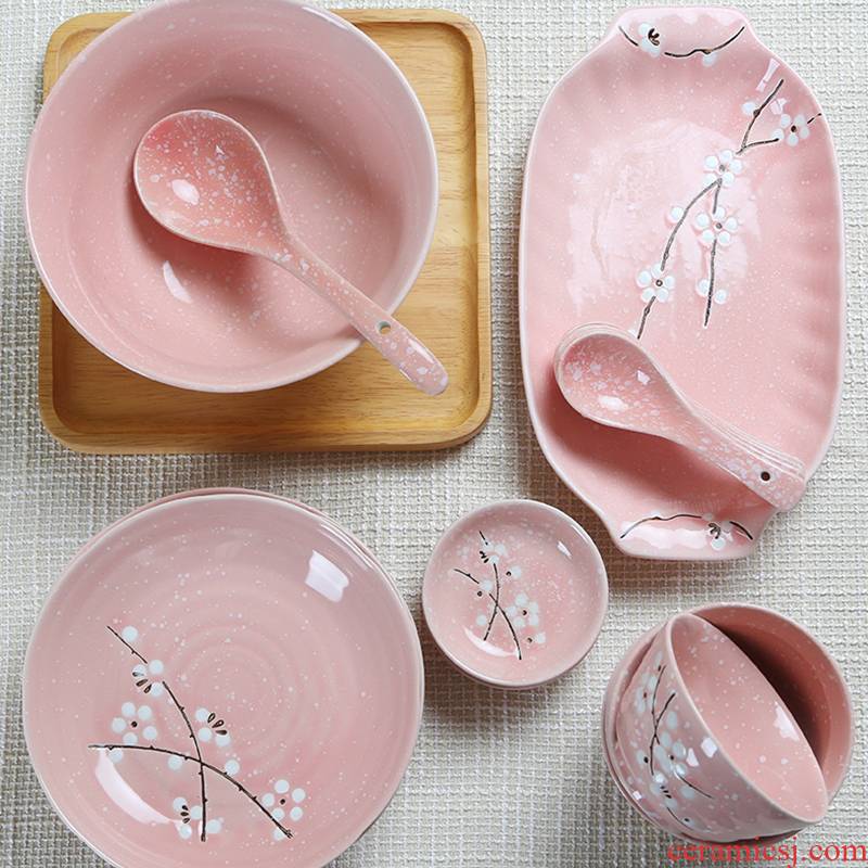 Jingdezhen ceramics Japanese cherry blossom put silverware DIY home dishes suit to eat noodles in soup bowl bowl plate combination