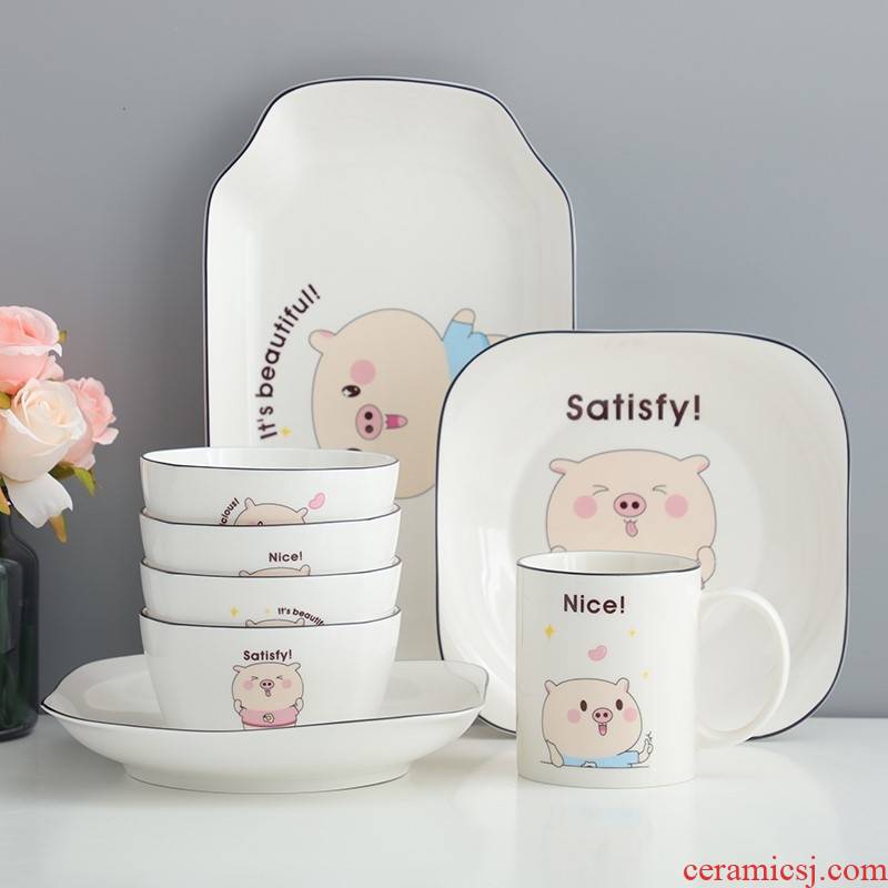 Ceramics microwave combination, lovely tableware domestic bowl dish dish fish dish cartoon children combination of piglet is available