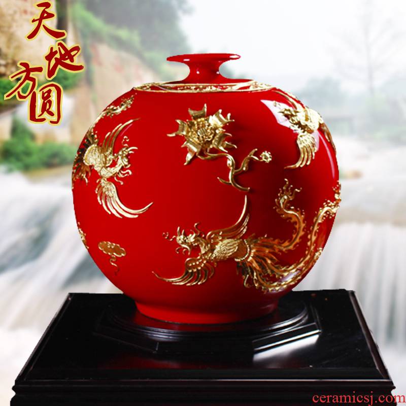 Really sheng Chinese red porcelain paint line carve I five phoenix household stores the opened high - end craft gift