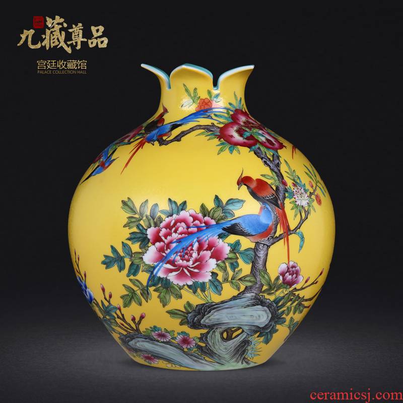 Jingdezhen ceramic vase furnishing articles hand - made archaize pastel colored enamel pick flowers yellow peony flowers and birds pomegranate bottles