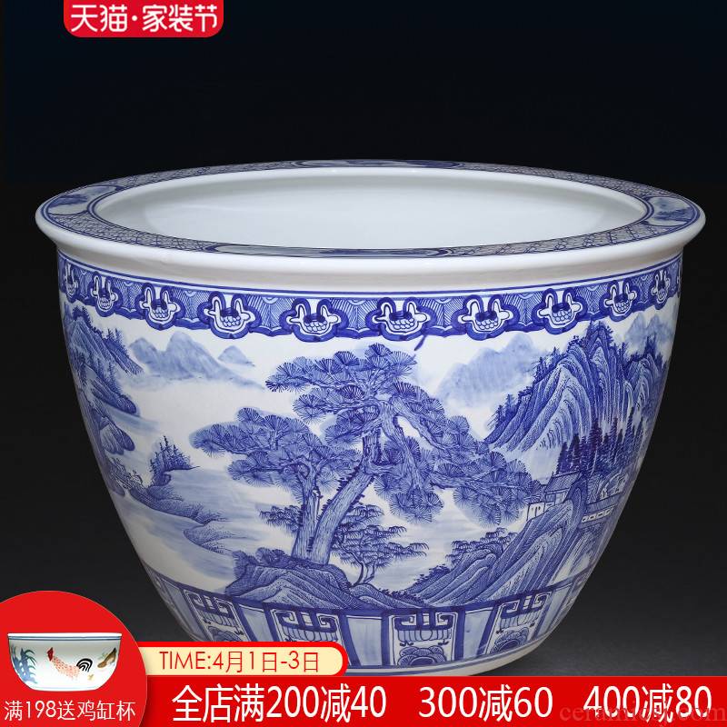 Jingdezhen ceramics hand - made scenery aquarium fish farming water lily of blue and white porcelain basin sitting room ground to heavy household size