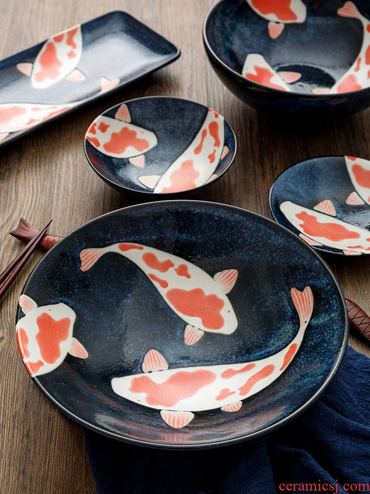 Lucky Japanese koi fish dishes ceramic bowl bowl dish dish rectangular sushi plate huai home dinner plate