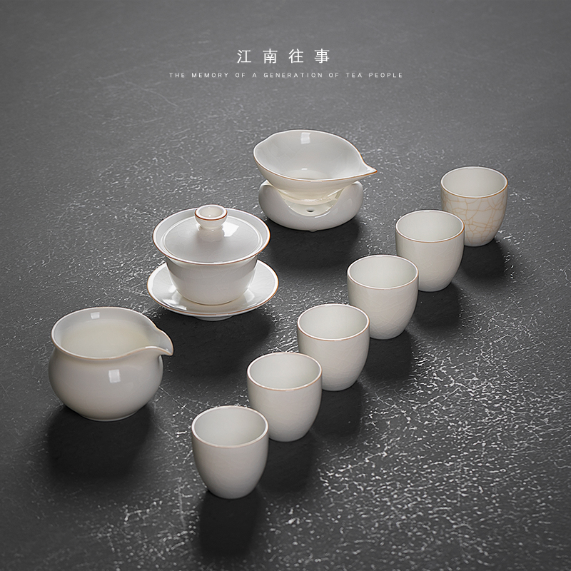 Jiangnan past suet jade white porcelain tureen kung fu tea set open piece of ceramic tea set household whole suit your up