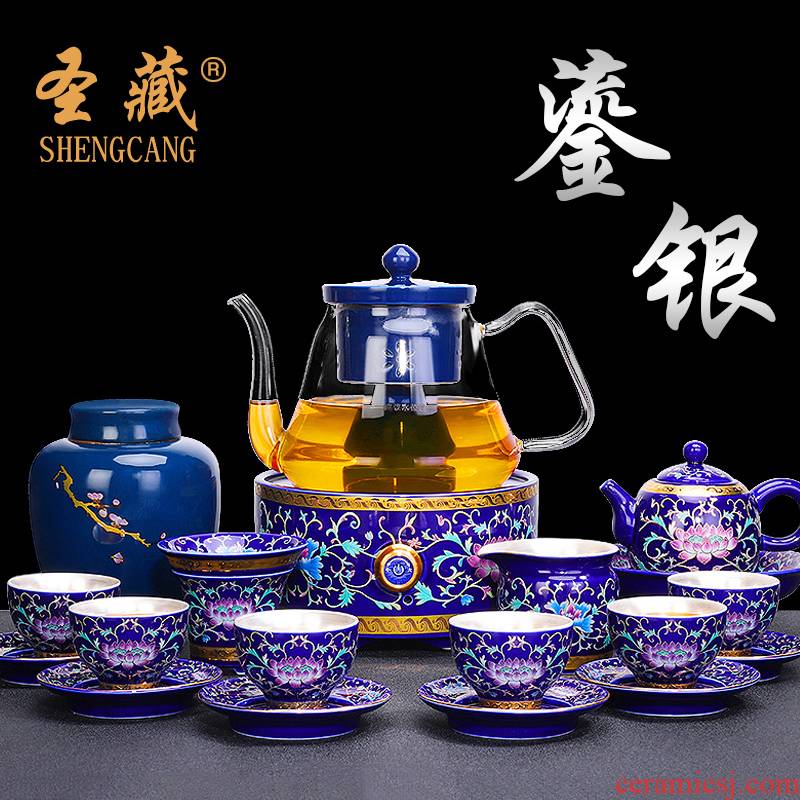 Electric TaoLu boiled tea glass teapot suit household coppering. As silver tea set imitation enamel steam steaming tea tea stove Z