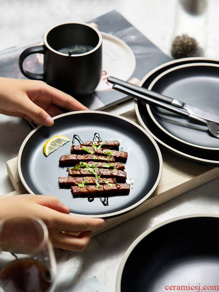 Nordic contracted black ceramic dish with great circle dish soup bowl bowl dish plate steak plate mark cup of water glass