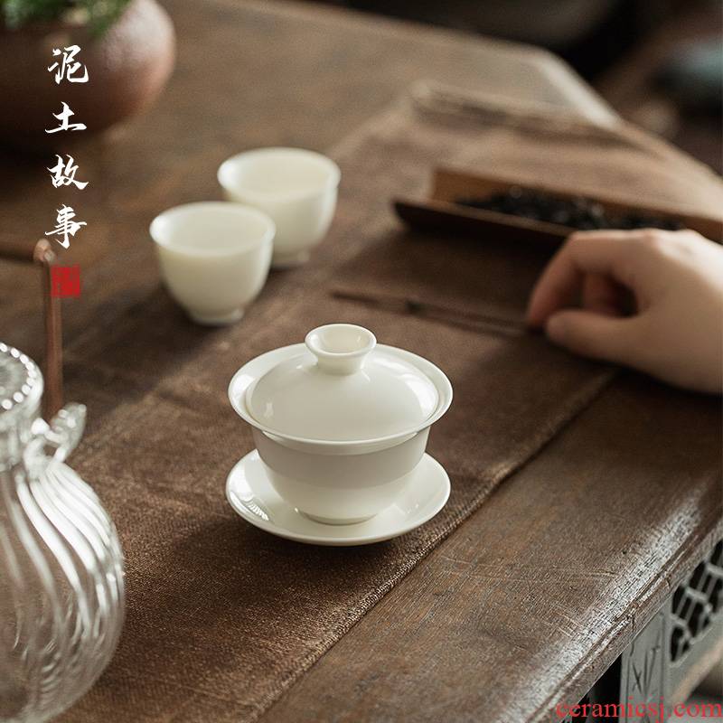 Dehua lard white porcelain tureen kunfu tea tureen large three cups to a single ceramic tea set to use