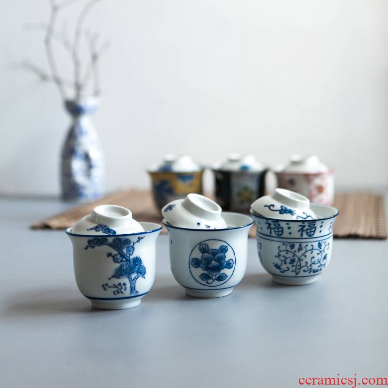 Japanese blue and white hand - made teacup with cover cup egg cup cap soup bowl, Japan and South Chesapeake creative ceramic tableware