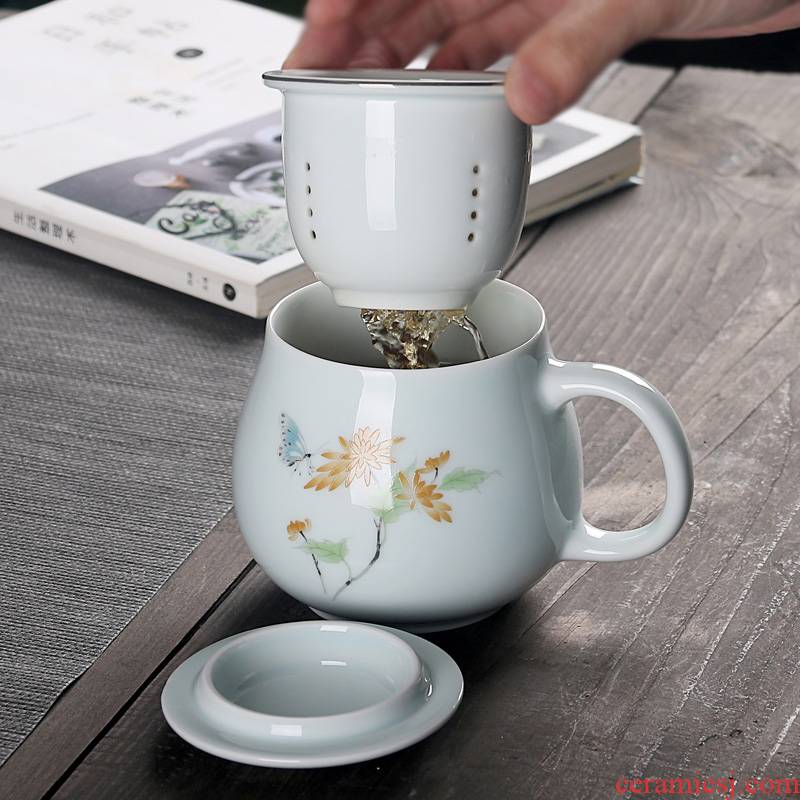 Shadow green ceramic filtration separation with cover the tea cups cups kung fu tea cup tea cup home take water cup