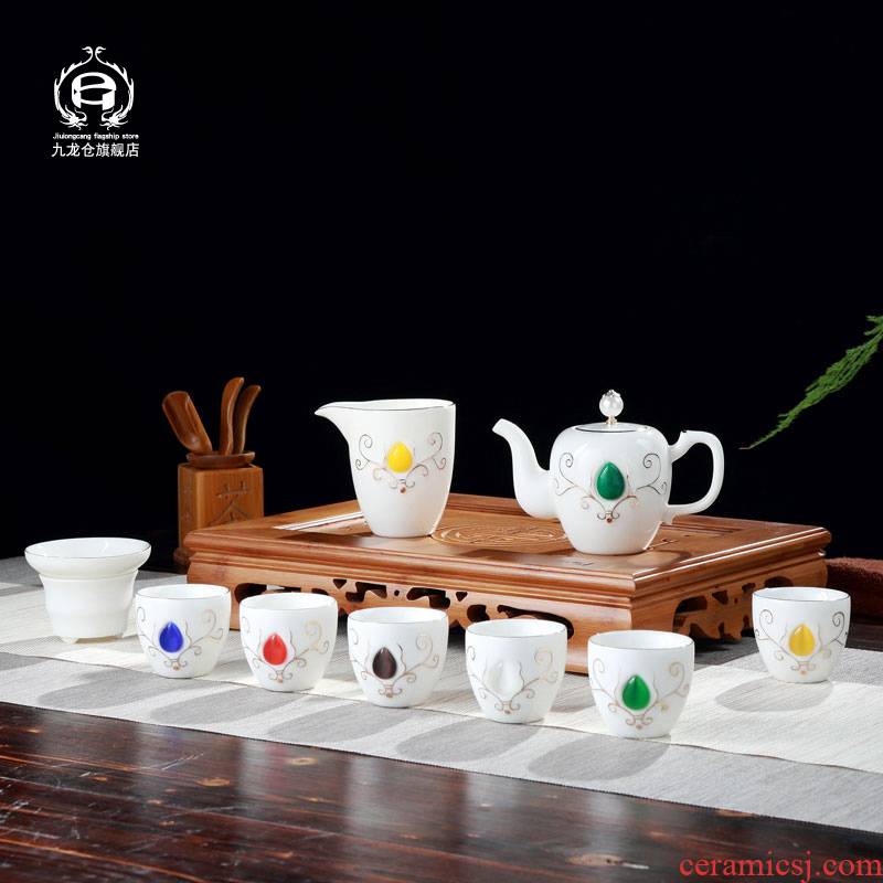 DH jingdezhen ceramic kung fu tea set suit household contracted jade glass cup of a complete set of white porcelain tea pot
