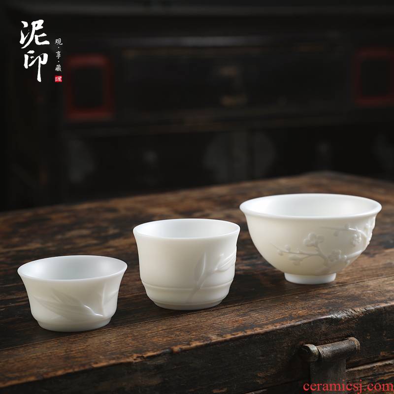 Mud printing small bamboo kung fu tea cups dehua white porcelain cup sample tea cup master jade porcelain name plum cup of pure manual single CPU