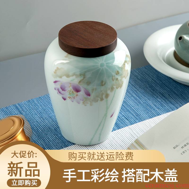 Ceramic painting caddy fixings household pot practical wooden cover pu seal pot portable caddy fixings white porcelain storage tanks