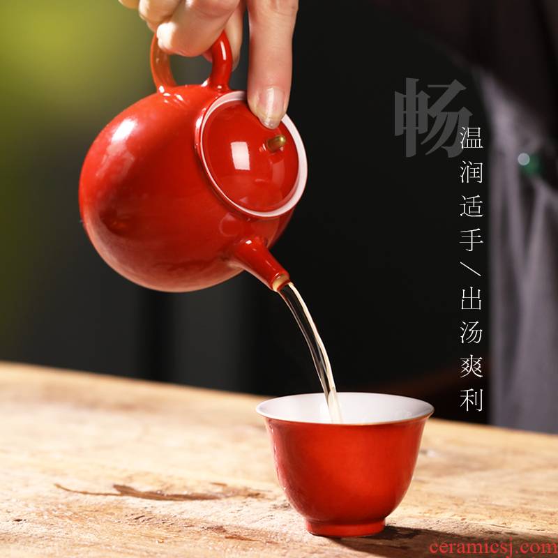 Coral red kung fu tea pure manual single pot ball hole, little teapot jingdezhen ceramic tea set color glaze