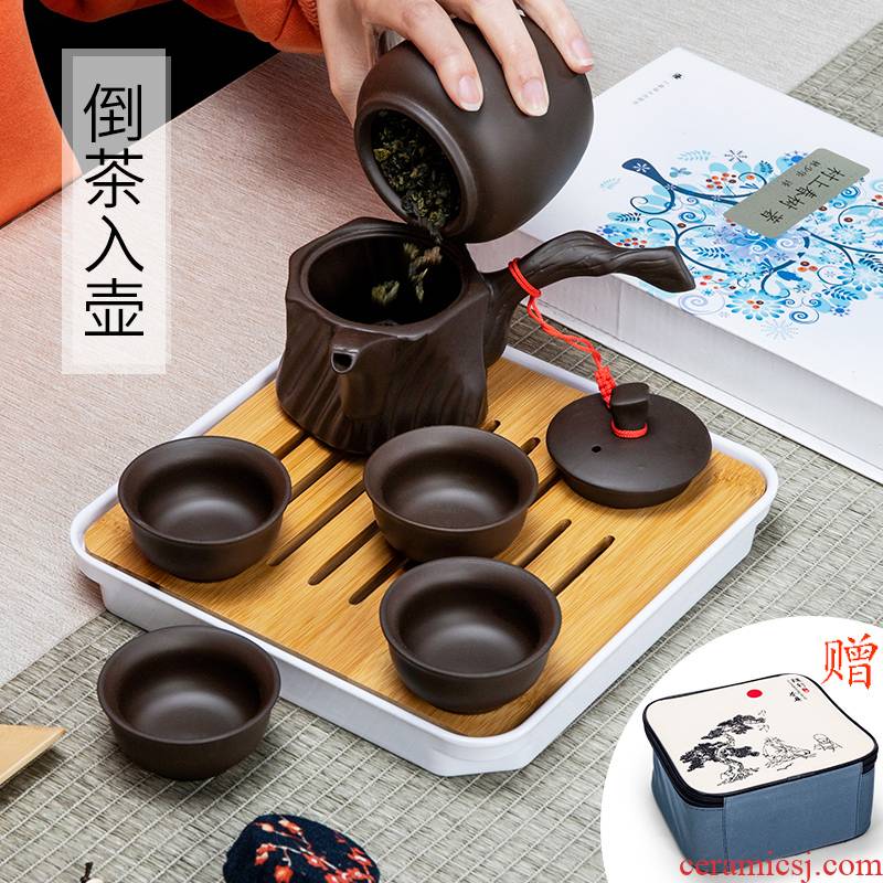 Portable travel tea set with a pot of four cups of tea tray was violet arenaceous kung fu receive charter to their simple meal