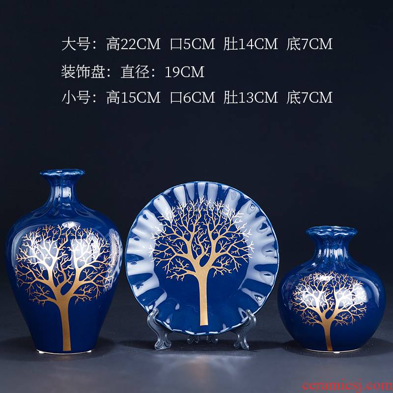 Jingdezhen ceramics glaze blue vase three - piece sitting room of Chinese style household adornment TV ark, rich ancient frame furnishing articles