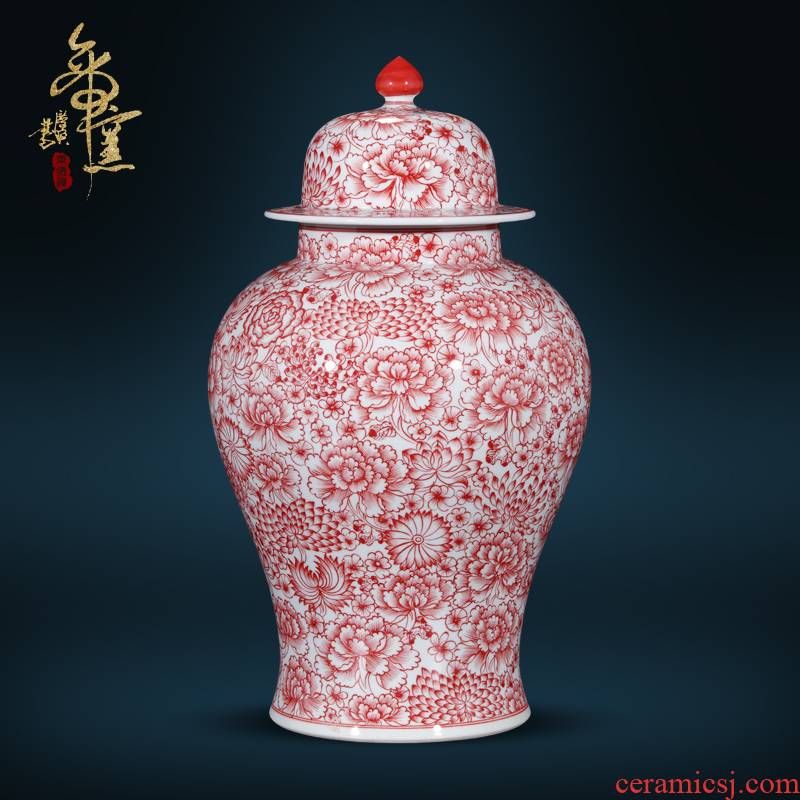 Jingdezhen ceramics antique hand - made alum general red flower pot Chinese style living room TV cabinet porch is decorated furnishing articles