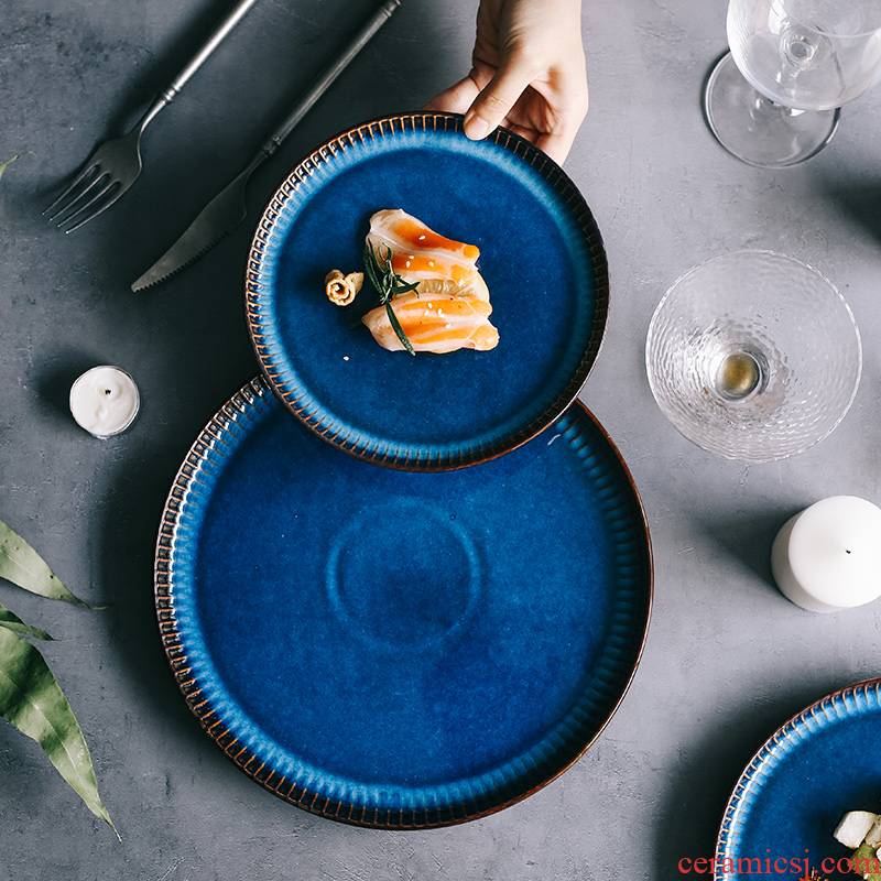 Tao soft creative Nordic blue circular plate flat household ceramic dish dish dish plate of pasta beefsteak dish
