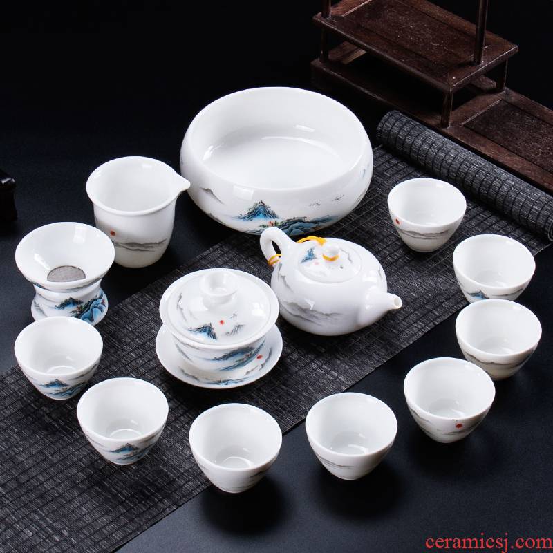 Dehua suet jade white porcelain tea sets a visitor office make tea ultimately responds teapot teacup small household contracted kung fu