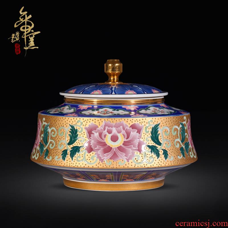 Jingdezhen porcelain craft gold powder enamel water lotus storage jar of pu 'er tea pot seal decorative furnishing articles