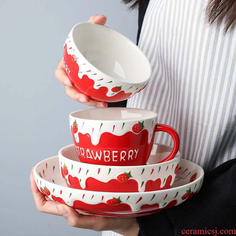 Lovely Christmas ceramic relief strawberry use 0 rice bowl of soup bowl chopsticks the cutlery set dishes home outfit