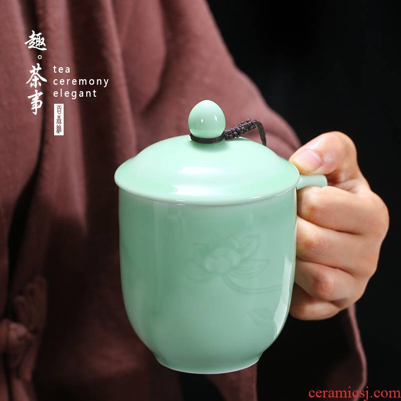 Longquan celadon ceramic tea cups with cover cup contracted tea cup office and household glass cup of their children
