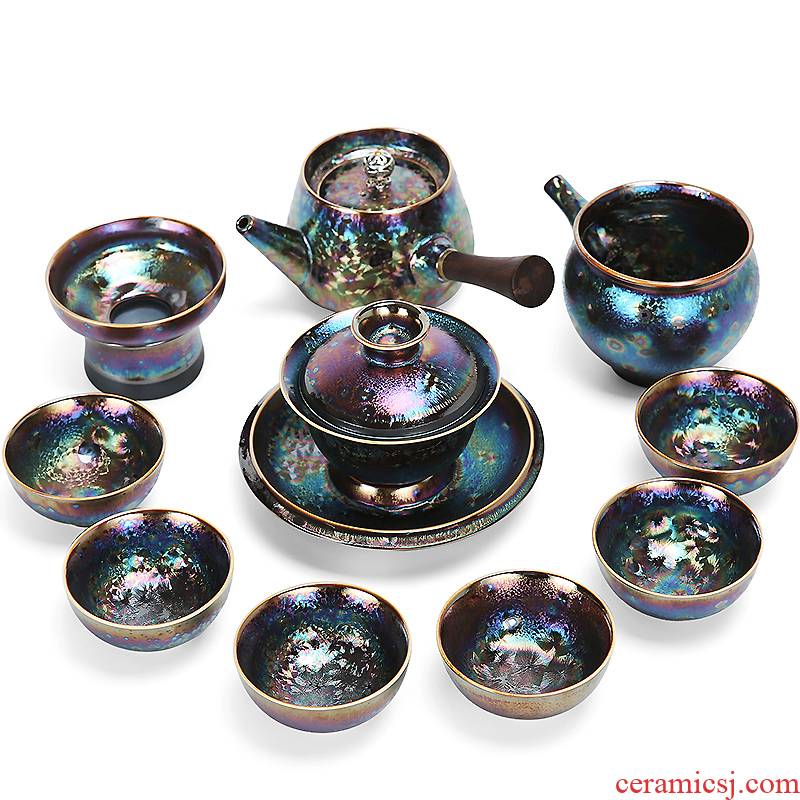Colorful peacocks up temmoku lamp cup kung fu tea set manually obsidian tureen ceramic teapot washed suit
