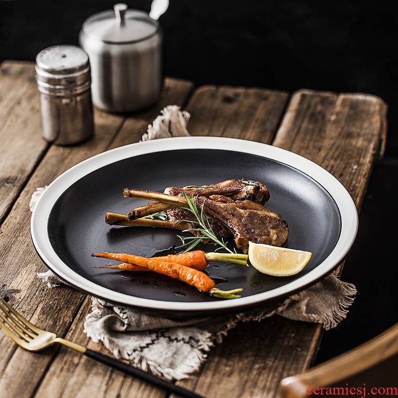 Black ceramic retro steak plate of contracted frosted western - style food restaurant dish plate flat fish salad plate of the custom