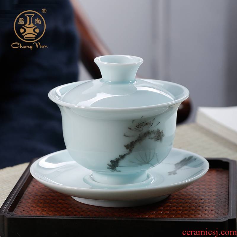 Chang south jingdezhen ceramic tureen kung fu tea set only three bowls of jade porcelain bowl large powder enamel teapot teacup