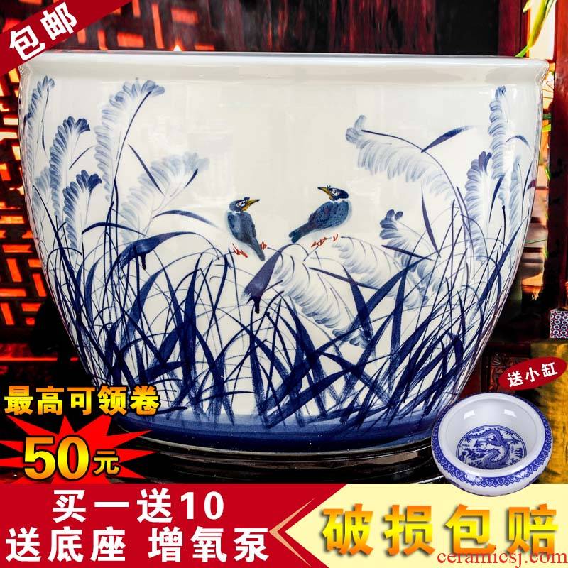 Blue and white porcelain jar packages mailed ceramic aquarium tank extra large porcelain jar ceramic big bowl lotus lotus cylinder cylinder cylinder tortoise