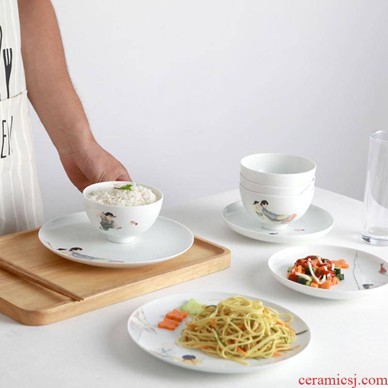 Jingdezhen contracted tong qu plate to eat Chinese dishes suit household composite ceramic bowl chopsticks