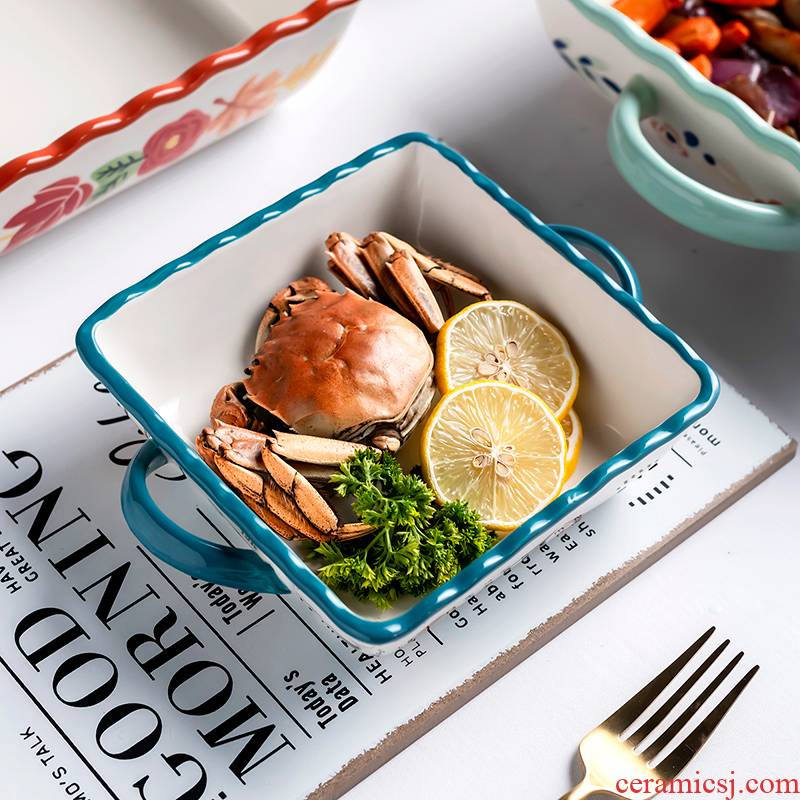 Ears against the iron square pan salt baked FanPan household ceramic oven baking dish creative hand - made ceramic bowl