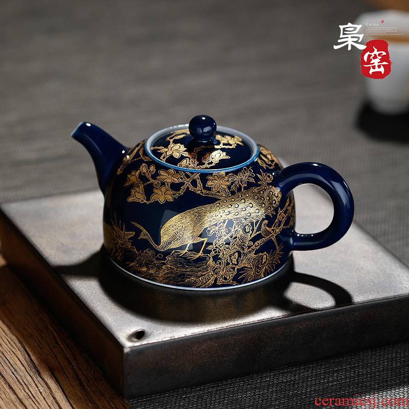 Jingdezhen ji see teapot hand - made peacock blue teapot full manual ceramic color glaze kungfu single pot filtering