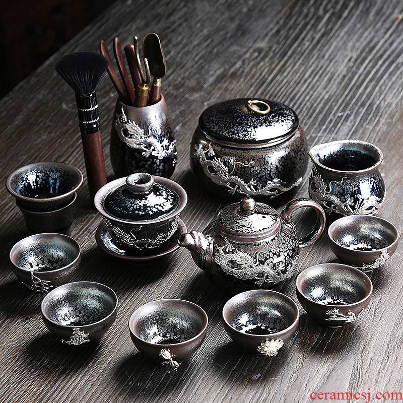 Jianyang iron tire building light tea oil drops of kung fu suit home ceramic tea set contracted tureen teapot tea cups