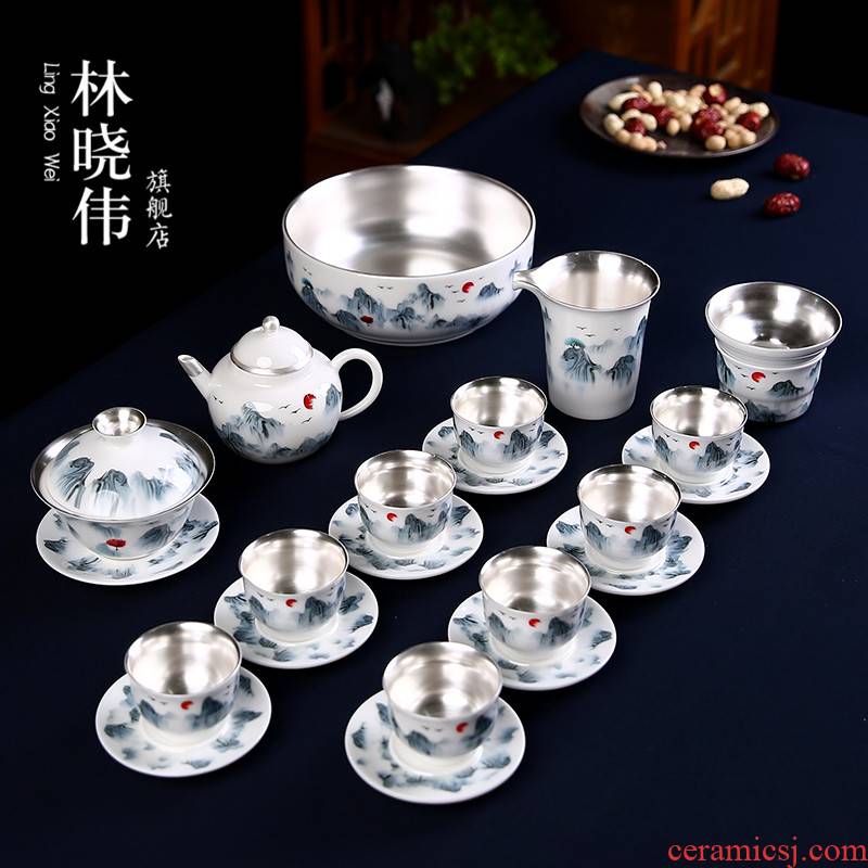 999 sterling silver, kung fu tea set ceramic hand - made white porcelain teacup tureen of a complete set of household contracted office gift