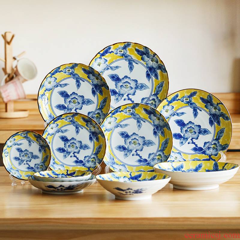Japan imported food dish of household wealth under the yellow colored glaze ceramic plate color corrugated plates Japanese porcelain tableware products