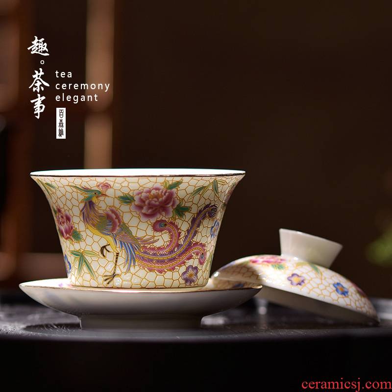 Jingdezhen only three tureen ceramic cups colored enamel tea set large kung fu tea flower peony phoenix home