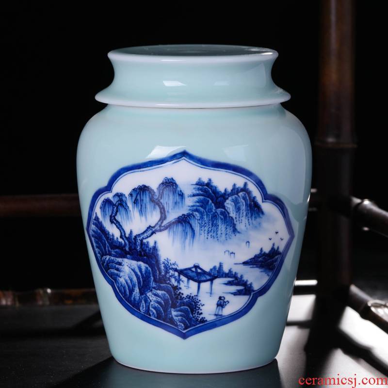 Offered home - cooked in jingdezhen porcelain tea pot Jin Hongxia manual hand - made ceramic tea storehouse of blue and white porcelain tea storage tank