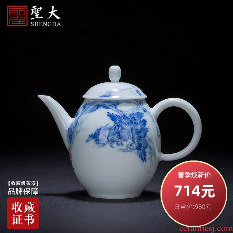 Holy big teapot hand - made ceramic kung fu finches poetic spherical filtering teapot manual jingdezhen blue and white spirit tea sets