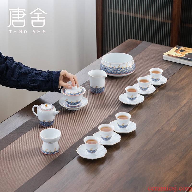 Don difference up colored enamel tea set household kunfu tea I and contracted style tea ceramic lid bowl of tea cups