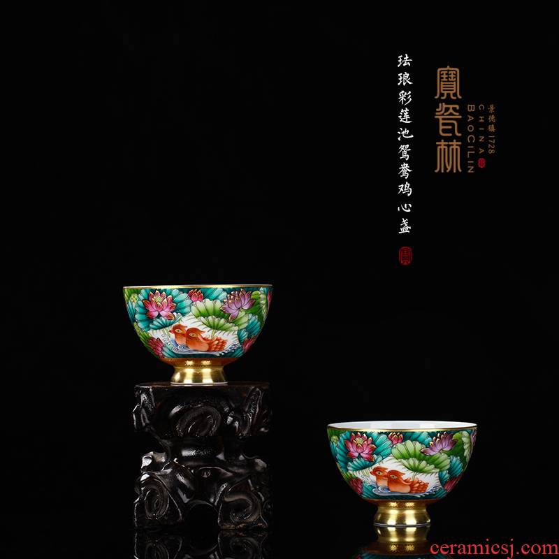Treasure porcelain of jingdezhen tea service Lin all hand colored enamel mandarin duck heart light kung fu tea master cup single CPU