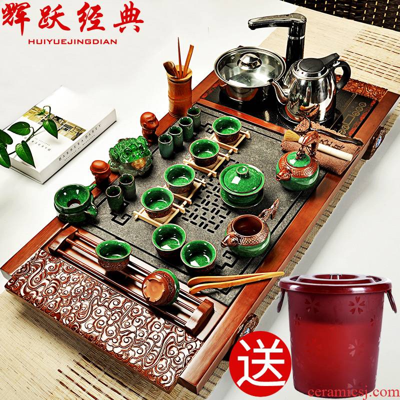 Hui, make tea sets tea violet arenaceous kung fu tea set electric heating furnace of a complete set of the whole piece of solid wood tea tray was sharply away the stone