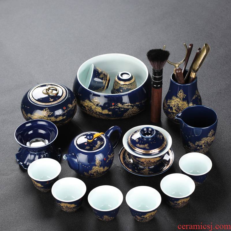 Poly real sheng kung fu tea set ji blue glaze ceramic household teapot tea tureen porcelain cup to ultimately responds a whole set of the teapot