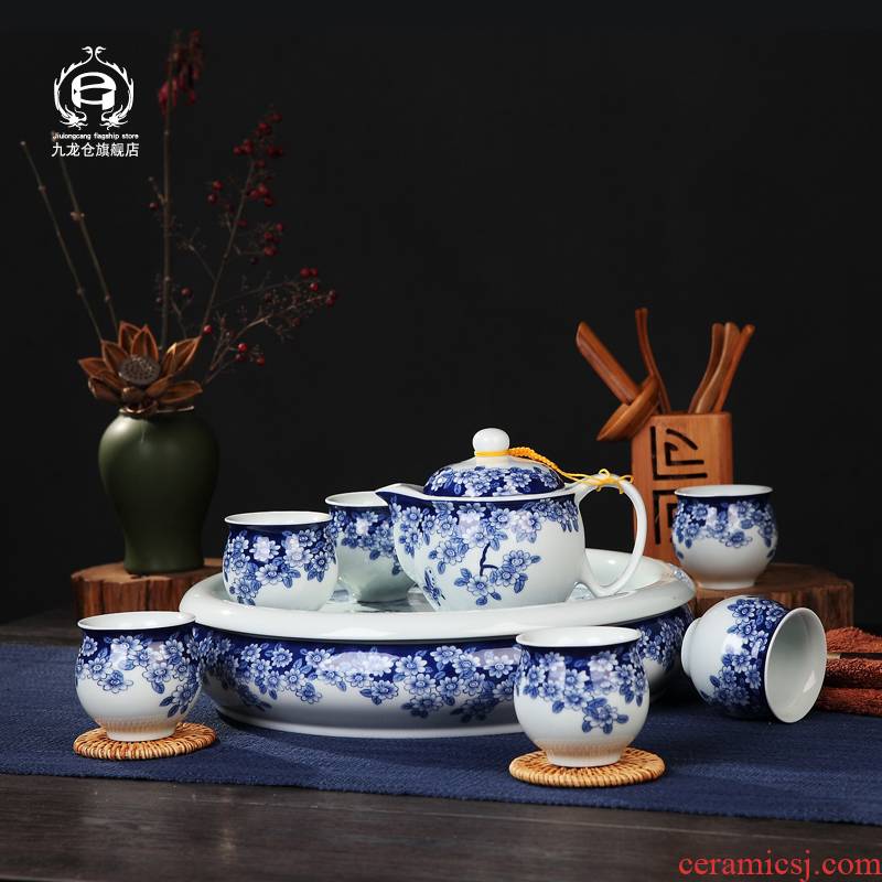 DH jingdezhen kung fu tea set home tea tray teapot teacup of a complete set of Chinese blue and white porcelain ceramic cups